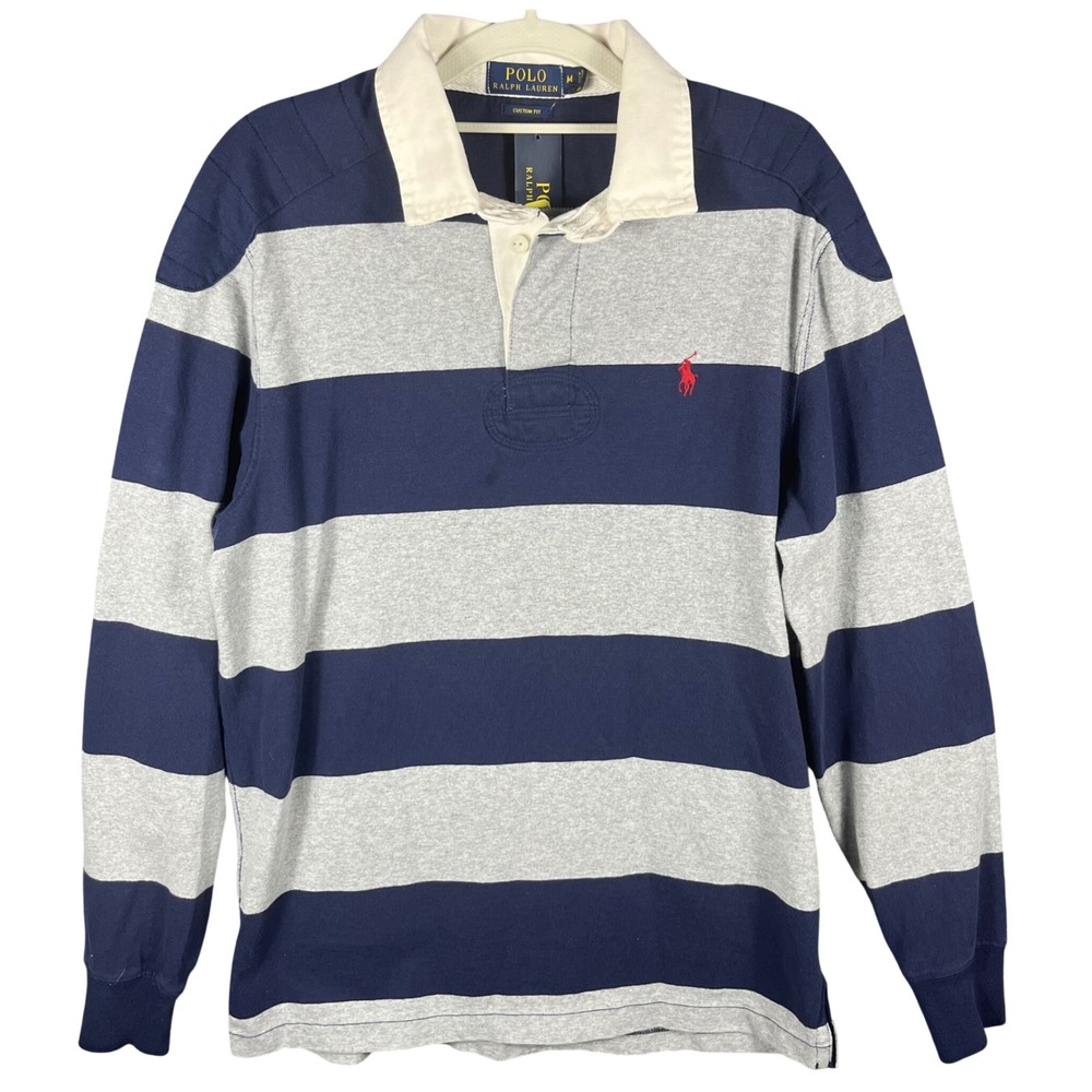 Polo Ralph Lauren Rugby Shirt Mens M Blue Grey Striped Elbow Patch Custom Fit